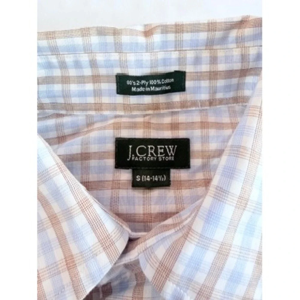 J.Crew Button‎ Down Shirt Mens S Tan Blue Plaid Long Sleeve Slim Fit